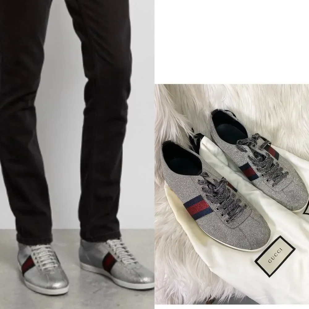 GUCCI Silver Metallic Glitter Web Leather Sneakers With Studs #414684 Size 9